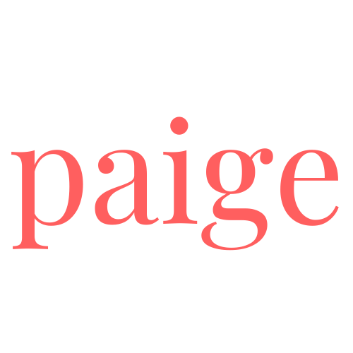 Logo for Paige Soy Candles. Salmon pink lettering, saying "paige"